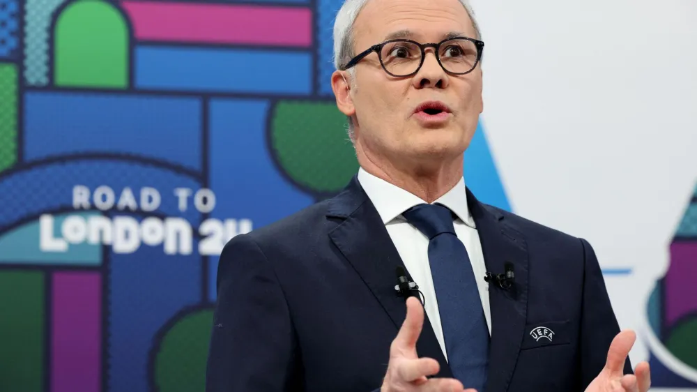 Soccer Football - Champions League - Round of 16 Draw - Nyon, Switzerland - December 18, 2023 UEFA General Secretary and Director of Football Giorgio Marchetti speaks during the draw REUTERS/Pierre Albouy