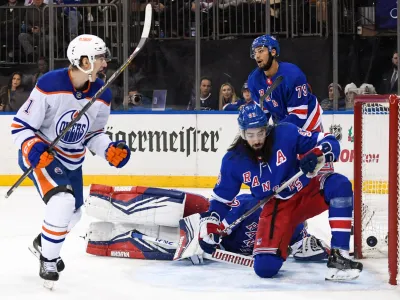 Dec 22, 2023; New York, New York, USA; Edmonton Oilers center Ryan McLeod (71) celebrates his goal against the New York Rangers during the third period at Madison Square Garden. Mandatory Credit: Dennis Schneidler-USA TODAY Sports