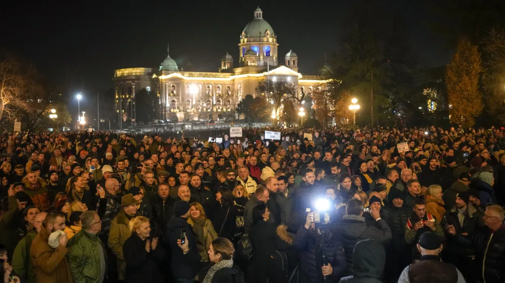 Opposition supporters take to the streets protesting in Belgrade, Serbia, Monday, Dec. 18, 2023. An early official vote count of Serbia's weekend election on Monday confirmed victory for the ruling populist party in a parliamentary vote in the Balkan country, but political tensions rose over reported irregularities in the capital, Belgrade. (AP Photo/Darko Vojinovic)