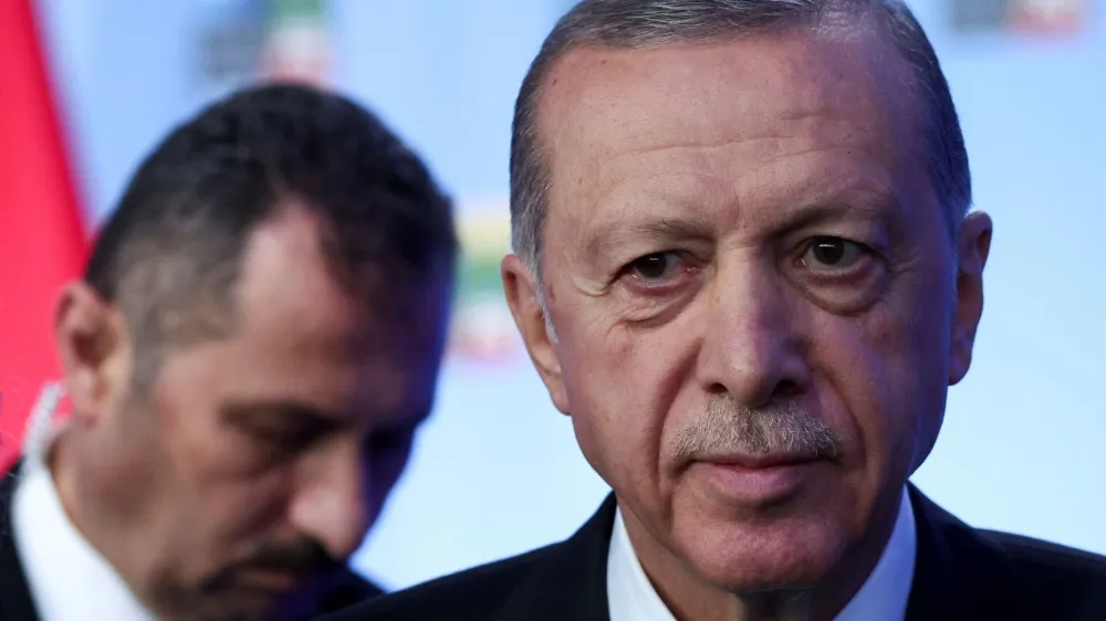 Turkish President Tayyip Erdogan looks on after a press conference during a NATO leaders summit in Vilnius, Lithuania July 12, 2023. REUTERS/Kacper Pempel