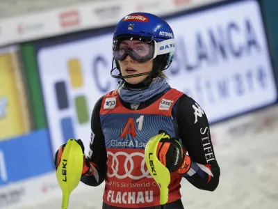 Alpine Skiing - FIS Alpine Ski World Cup - Women's Slalom - Flachau, Austria - January 16, 2024 Mikaela Shiffrin of the U.S. reacts after her second run REUTERS/Leonhard Foeger