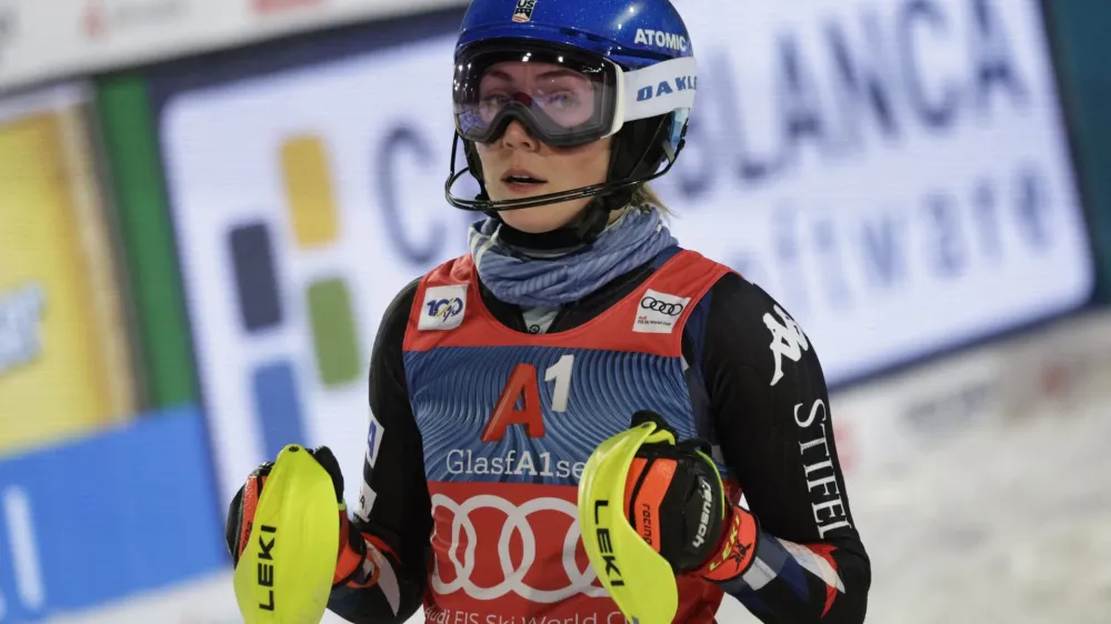 Alpine Skiing - FIS Alpine Ski World Cup - Women's Slalom - Flachau, Austria - January 16, 2024 Mikaela Shiffrin of the U.S. reacts after her second run REUTERS/Leonhard Foeger