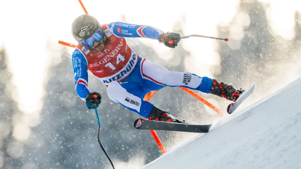 19 January 2024, Austria, Kitzbuehel: France's Cyprien Sarrazin competes in the Men's World Cup downhill in Kitzbuehel. Photo: Georg Hochmuth/APA/dpa