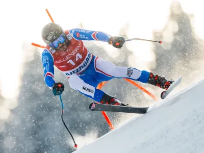 19 January 2024, Austria, Kitzbuehel: France's Cyprien Sarrazin competes in the Men's World Cup downhill in Kitzbuehel. Photo: Georg Hochmuth/APA/dpa