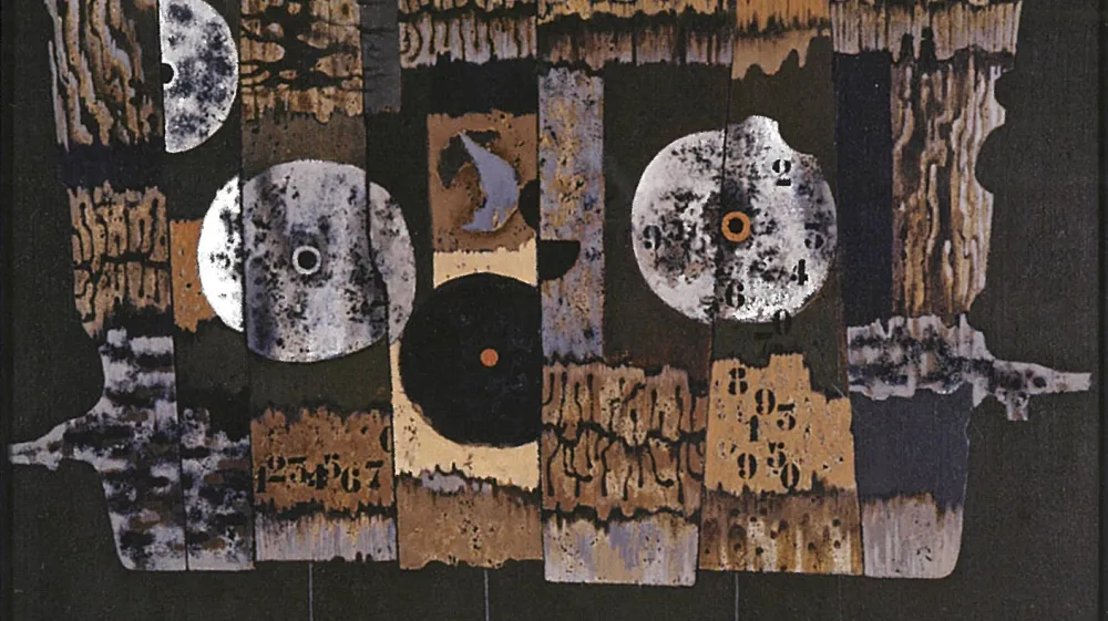 France Mihelčič: Vrata in ure, 1978, akril na platno, 100.5 x 129 cm F arhiv &Scaron;kofjelo&scaron;ki muzej