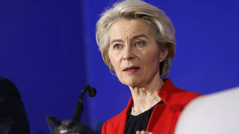 European Commission President Ursula von der Leyen, addresses journalists during a visit to Sarajevo, Bosnia and Herzegovina, January 23, 2024. REUTERS/Amel Emric