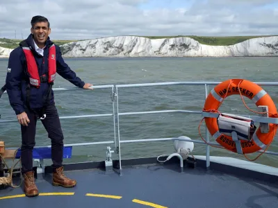 FILE PHOTO: Prime Minister Rishi Sunak onboard Border Agency cutter HMC Seeker during a visit to Dover, ahead of a press conference to update the nation on the progress made in the six months since he introduced the Illegal Migration Bill under his plans to "stop the boats". Picture date: Monday June 5, 2023. Yui Mok/Pool via REUTERS/File Photo