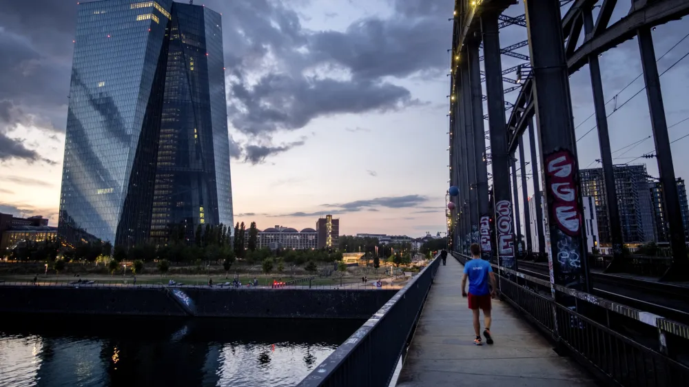 FILE - The European Central Bank is pictured in Frankfurt, Germany, Wednesday, July 26, 2023. The governing council of the ECB will meet on Thursday, July 27, 2023. Inflation in Europe edged lower in January to 2.8%, keeping alive speculation about quick interest rate cuts that would lower borrowing costs for businesses and consumers &mdash; and help boost the stagnating economy. (AP Photo/Michael Probst, File)