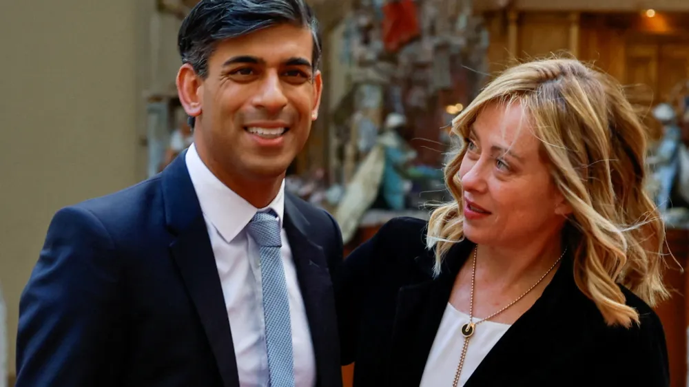 FILE PHOTO: Italian Prime Minister Giorgia Meloni meets Britain's Prime Minister Rishi Sunak at Palazzo Chigi, in Rome, Italy, December 16, 2023. REUTERS/Remo Casilli/File Photo