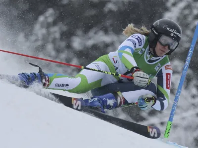Slovenia's Ana Bucik speeds down the course during an alpine ski, women's World Cup giant slalom race, in Soldeu, Andorra, Saturday, Feb. 10, 2024. (AP Photo/Marco Trovati)
