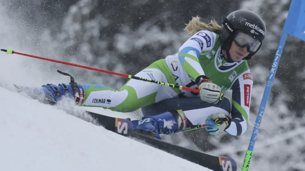 Slovenia's Ana Bucik speeds down the course during an alpine ski, women's World Cup giant slalom race, in Soldeu, Andorra, Saturday, Feb. 10, 2024. (AP Photo/Marco Trovati)