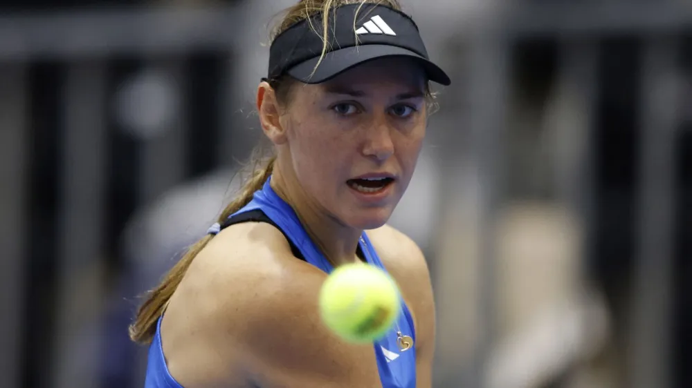 Tennis - Billie Jean King Cup Finals - Estadio de La Cartuja, Seville, Spain - November 10, 2023 Slovenia's Kaja Juvan in action during her singles match against Kazakhstan's Anna Danilina REUTERS/Marcelo Del Pozo