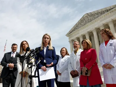 Lawyer Erin Hawley of the Alliance Defending Freedom and wife of U.S. Senator Josh Hawley (R-MO), speaks with the media outside the U.S. Supreme Court as justices hear oral arguments in a bid by President Joe Biden's administration to preserve broad access to the abortion pill, outside the court in Washington, U.S., March 26, 2024. REUTERS/Evelyn Hockstein