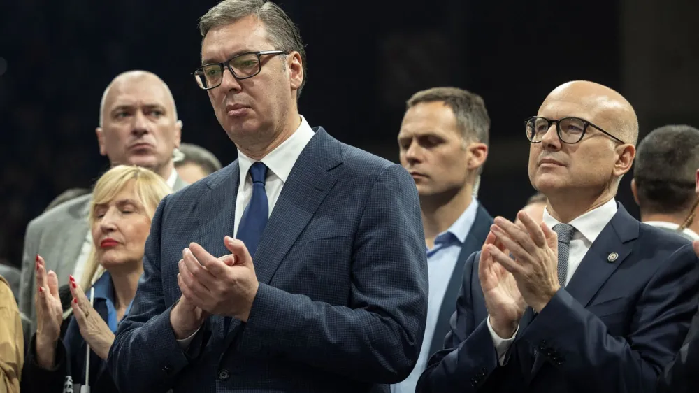 Serbian President Aleksandar Vucic and Minister of Defense Milos Vucevic attend the Serbian Progressive Party (SNS) rally in Kragujevac, Serbia, December 14, 2023. REUTERS/Marko Djurica