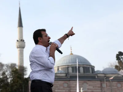 FILE PHOTO: Istanbul Mayor Ekrem Imamoglu, mayoral candidate of the main opposition Republican People's Party (CHP), addresses his supporters during a rally ahead of the local elections in Istanbul, Turkey March 30, 2024. REUTERS/Murad Sezer/File Photo