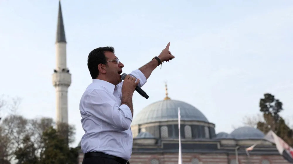 FILE PHOTO: Istanbul Mayor Ekrem Imamoglu, mayoral candidate of the main opposition Republican People's Party (CHP), addresses his supporters during a rally ahead of the local elections in Istanbul, Turkey March 30, 2024. REUTERS/Murad Sezer/File Photo