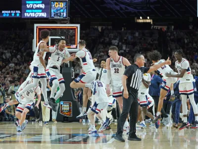 Apr 8, 2024; Glendale, AZ, USA; Connecticut Huskies after winning the national championship game of the Final Four of the 2024 NCAA Tournament against the Purdue Boilermakers at State Farm Stadium. Mandatory Credit: Bob Donnan-USA TODAY Sports