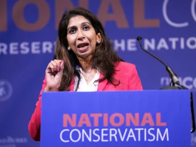 Former British Home Secretary Suella Braverman speaks during the National Conservatism conference in Brussels, Tuesday, April 16, 2024. (AP Photo/Virginia Mayo)