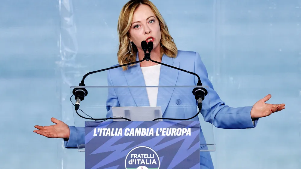 28 April 2024, Italy, Pescara: Italian Prime Minister Giorgia Meloni speaks during the Programmatic Conference of the Fratelli d'Italia (Brothers of Italy). Photo: Roberto Monaldo/LaPresse via ZUMA Press/dpa