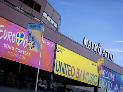 04 May 2024, Sweden, Malmo: The ESC motto "United By Music" is written on the Malmo Arena, where the 68th Eurovision Song Contest will take place from 07 - 11 May 2024. Photo: Sander Koning/ANP/dpa