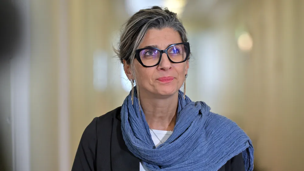 UN Special Rapporteur for Palestinian Human Rights Francesca Albanese speaks to journalist in the press gallery at Parliament House in Canberra, Wednesday, November 15, 2023. (AAP Image/Mick Tsikas) NO ARCHIVINGNo Use Australia. No Use New Zealand.