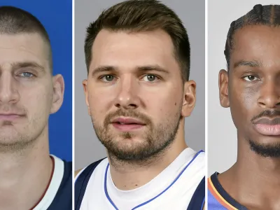 FILE - From left are Denver Nuggets center Nikola Jokic, Dallas Mavericks guard Luka Doncic and Oklahoma City Thunder guard Shai Gilgeous-Alexander in 2023. Jokic, Doncic and Gilgeous-Alexander are the three finalists for the NBA MVP Award that will be announced Wednesday, May 8, 2024. (AP Photo/File)