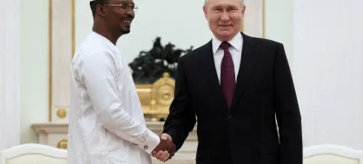 FILE PHOTO: Russia's President Vladimir Putin shakes hands with Chad's interim President Mahamat Idriss Deby during a meeting at the Kremlin in Moscow, Russia January 24, 2024. Sputnik/Mikhail Metzel/Pool via REUTERS ATTENTION EDITORS - THIS IMAGE WAS PROVIDED BY A THIRD PARTY./File Photo