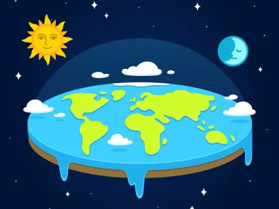 Cartoon flat earth in space with sun and moon rotating around it. Simple style vector clip art illustration.