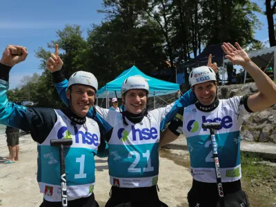 Luka Božič Žiga Lin Hočevar in Benjamin Sav&scaron;ek19.05.2024 - Evropsko prvenstvo Kajak Kanu na divjih vodah Tacen 2024 - FOTO: Luka Cjuha