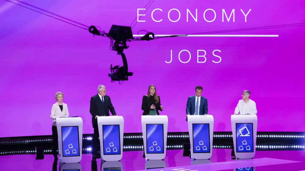 From left, lead candidates for the European Parliament elections, European Commission President Ursula von der Leyen, for the European People's Party, Nicolas Schmit, for the Party of European Socialists, Terry Reintke for the European Greens, Sandro Gozi, for Renew Europe Now and Walter Baier, for the European Left, take part in a debate at the European Parliament in Brussels, Thursday, May 23, 2024. European elections will take place from June 6-9, 2024. (AP Photo/Geert Vanden Wijngaert)