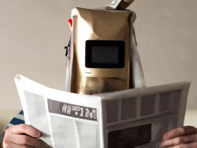 Človek z računalni&scaron;kim monitorjem namesto glave med prebiranjem časopisa. Fotografijo je izdelala umetna inteligenca Dall-E 2.