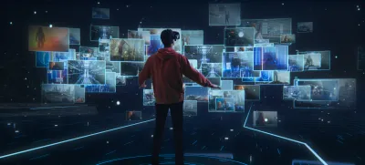 Internet Interface Concept: Person with Virtual Reality Headset Enters Cyberspace Internet Interface and Browses Through Web Content, Watches Video Streaming, Social Media