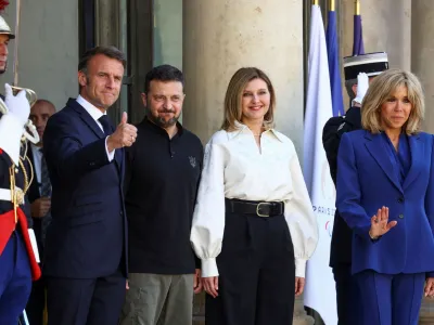 French President Emmanuel Macron and his wife Brigitte Macron meet with Ukraine's President Volodymyr Zelenskiy with his wife Olena Zelenska at the Elysee Palace in Paris, France June 7, 2024. REUTERS/Hannah McKay
