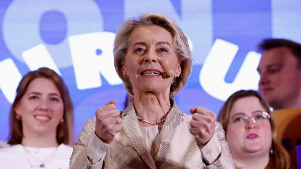 European Commission President Ursula von der Leyen speaks during an event at the European People's Party headquarters, on the day of the European Parliament elections in Brussels, Belgium, June 9, 2024. REUTERS/Piroschka van de Wouw  REFILE - CORRECTING LOCATION FROM "European Parliament" to "European People's Party headquarters