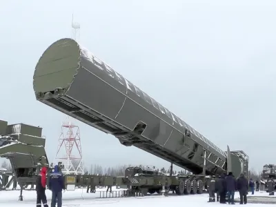 In this video grab provided by RU-RTR Russian television via AP television on Thursday, March 1, 2018, Russia's new Sarmat intercontinental missile is shown at an undisclosed location in Russia. President Vladimir Putin declared Thursday that Russia has developed a range of new nuclear weapons, claiming they can't be intercepted by enemy. (RU-RTR Russian Television via AP)