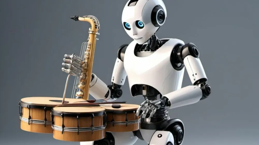 Z umetno inteligenco openart.ai ustvarjena slika robota, ki igra na glasbila.