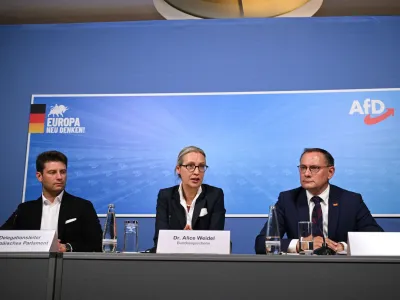 Germany's Alternative for Germany (AfD) party co-leaders Alice Weidel and Tino Chrupalla attend a press conference with Rene Aust, AfD's candidate for the European Parliament elections, after EU election results, in Berlin, Germany, June 10, 2024. REUTERS/Annegret Hilse