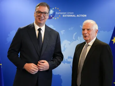 European Union foreign policy chief Josep Borrell, right, poses with Serbia's President Aleksander Vucic prior to talks on Serbia-Kosovo in Brussels, Wednesday, June 26, 2024. (AP Photo/Virginia Mayo)