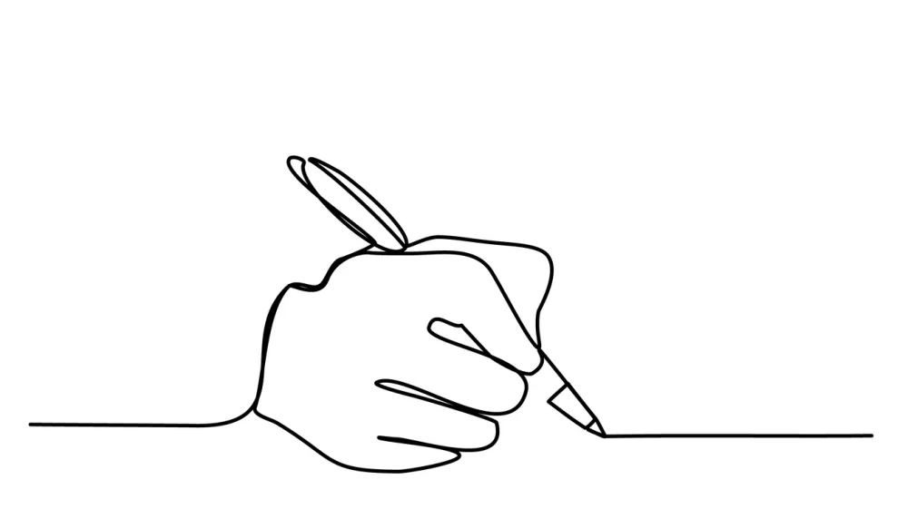 Hand with Pen a Person writes on paper Record Write a Letter sign an agreement Contract Continuous Line drawing black on white isolated vector trendy illustration / Foto: Yulya Bortulyova
