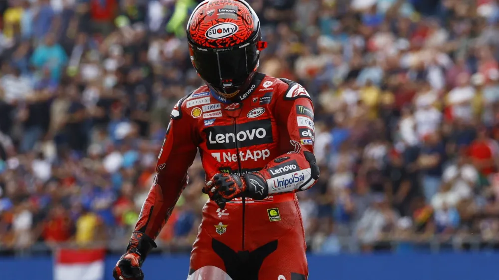 MotoGP - TT Assen Grand Prix - TT Circuit Assen, Assen, Netherlands - June 30, 2024 Ducati Lenovo Team's Francesco Bagnaia celebrates after winning the race REUTERS/Piroschka Van De Wouw