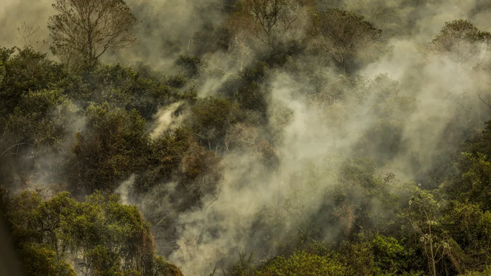 30 June 2024, Brazil, Corumba: Smoke rises from a forest during a fire in the Pantanal wetland. Photo: Marcelo Camargo/Agencia Brazil/dpa - ACHTUNG: Nur zur redaktionellen Verwendung und nur mit vollst&auml;ndiger Nennung des vorstehenden Credits
