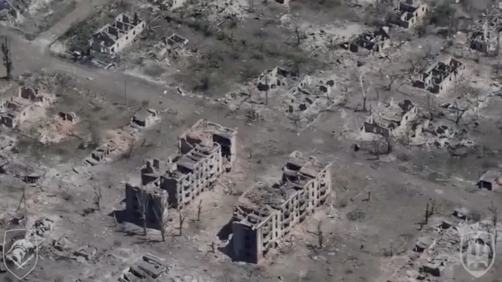 Drone view shows destroyed buildings in the frontline town of Chasiv Yar in Donetsk region, Ukraine, in this screengrab obtained from social media video released on July 4, 2024. Special Purpose Battalion "Donbas" of the 18th Slavic Brigade of the NGU/via REUTERS THIS IMAGE HAS BEEN SUPPLIED BY A THIRD PARTY. MANDATORY CREDIT. NO RESALES. NO ARCHIVES. WATERMARK FROM SOURCE. BEST QUALITY AVAILABLE.