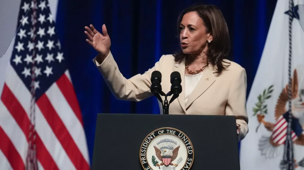 Vice President Kamala Harris speaks during the Zeta Phi Beta Sorority, Inc.'s Grand Boul&eacute;, Wednesday, July 24, 2024, in Indianapolis. (AP Photo/Darron Cummings)