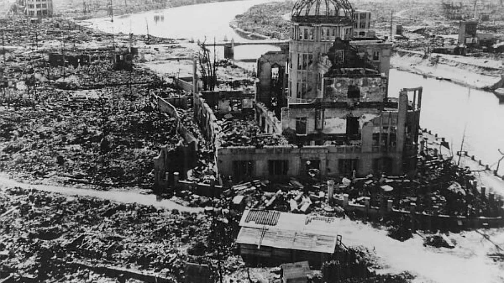 epa000494916 A handout photograph of the Hiroshima A-bomb Dome photographed by U.S. military following the atomic bomb drop on Hiroshima that killed over 140,000 people on 06 August 1945. The building, originally Hiroshima Prefectural Industrial Promotion Hall, was just160 meters northwest of the hypocenter. The skeletal structure of the dome standing above the city's ruins was a conspicuous landmark and has now become known officially as the A-bomb Dome. 06 August 2005 marks the 60th anniversary of the Hiroshima A-bomb blast. EPA/A PEACE MEMORIAL MUSEUMHANDOUT
