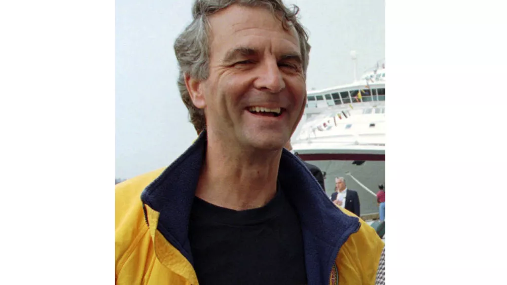 FILE - Commander Paul-Henri Nargeolet laughs at Black Falcon Pier in Boston on Sept. 1, 1996. (AP Photo/Jim Rogash, File)