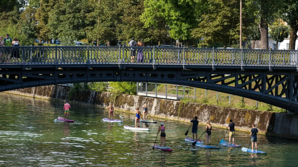 Ljubljana, Slovenia - August 13, 2021: Recreational Summer Stand Up Paddle boarding on river Ljubljanica - Slovenia / Foto: Robert Pavsic