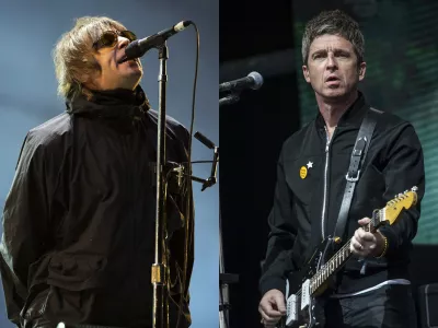 Liam Gallagher performs at the Reading Music Festival, England on Aug. 29, 2021, left, and Noel Gallagher performs at the Glastonbury Festival in Worthy Farm, Somerset, England, on June 25, 2022. (AP Photo)