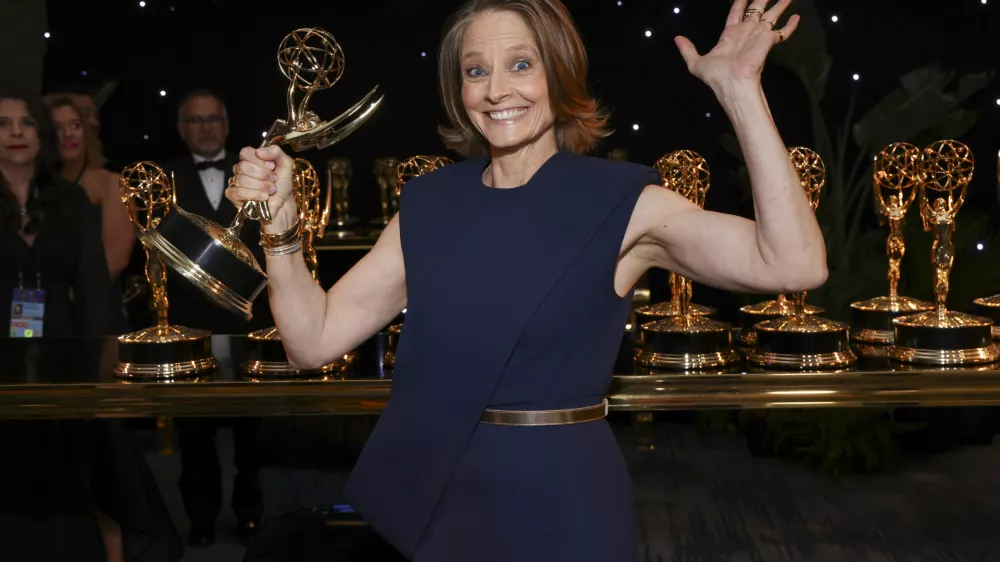 IMAGE DISTRIBUTED FOR THE TELEVISION ACADEMY &ndash; Jodie Foster picks up her official Emmy statuette for outstanding lead actress in a limited or Anthology series or movie for "True Detective: Night Country" at the 76th Emmy Awards Trophy Table on Sunday, Sept. 15, 2024 at the Peacock Theater in Los Angeles. (Photo by Mark Von Holden/Invision for the Television Academy/AP Content Services)