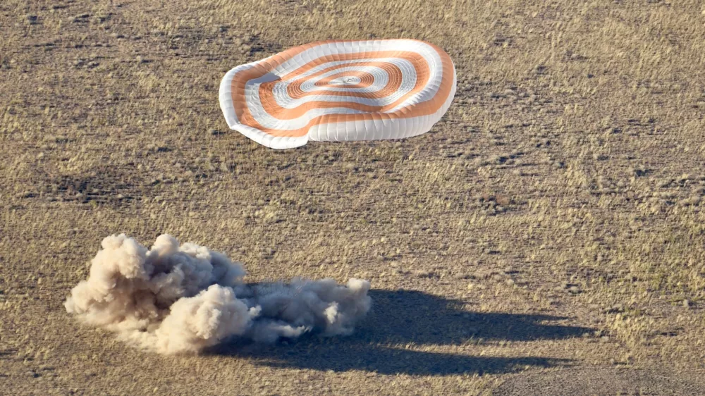 The Soyuz MS-25 space capsule carrying the International Space Station (ISS) crew, formed of Roscosmos cosmonauts Oleg Kononenko, Nikolai Chub and NASA astronaut Tracy Dyson, lands in a remote area near Zhezkazgan, Kazakhstan September 23, 2024. GCTC/Roscosmos/Handout via REUTERS ATTENTION EDITORS - THIS IMAGE HAS BEEN SUPPLIED BY A THIRD PARTY. MANDATORY CREDIT.