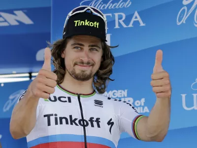 FILE - In this May 15, 2016, file photo, Peter Sagan, of Slovakia, reacts after winning stage one of the Amgen Tour of California cycling race, in San Diego. World road race champion Peter Sagan will seek Olympic gold in Rio on his mountain bike. The Slovak Olympic Committee announced Tuesday, June 7, 2016, that Sagan, one of the most popular and successful cyclists in the world, was awarded its lone starting spot in the mountain biking event at the Summer Games. (AP Photo/Gregory Bull, File)